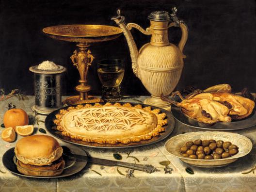 Still life with a tart, roast chicken, bread, rice and olives