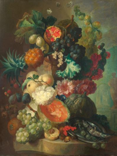 Fruit, flowers and a fish