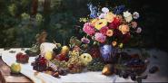 Vase of Flowers and Fruit on a Draped Table