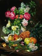 Painting of Roses in a Vase, Pears in a Porcelain Bowl