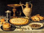 Still life with a tart, roast chicken, bread, rice and olives